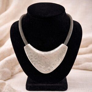 Hammered Silver-Tone Metal Statement Necklace With Multi-Strand Chain & Lobster